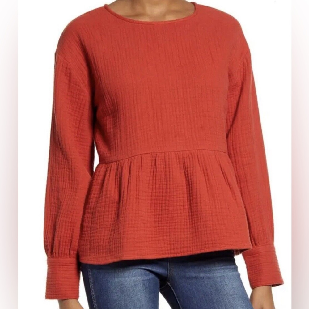 Madewell NWT Gauze Peplum Top Button Back S Red/Orange